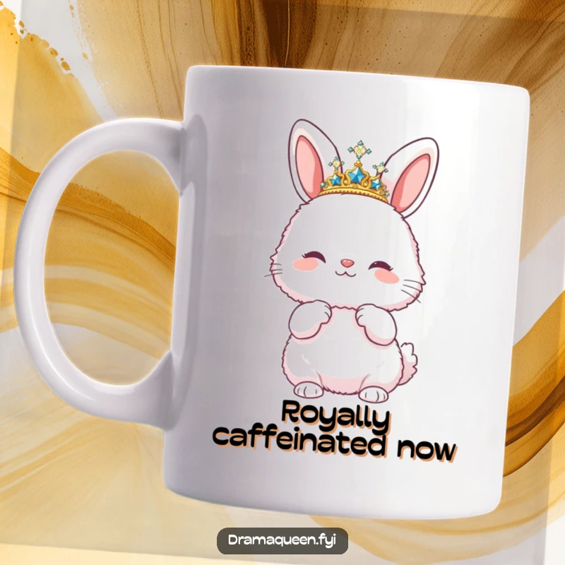 Funny mug featuring a fluffy bunny wearing a sparkly tiara and striking a fabulous pose, showcasing diva energy and humor.