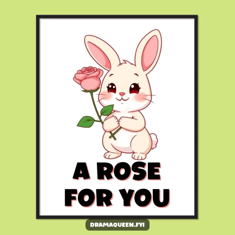 Funny Rabbit Rose Digital Print: Coy Expression, Instant Romantic Art Gift