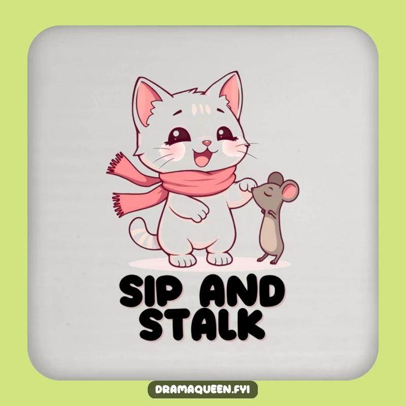 Funny Kitten Scarf Coaster: Dramatic Mouse Chase, Protect Surfaces Gift Idea