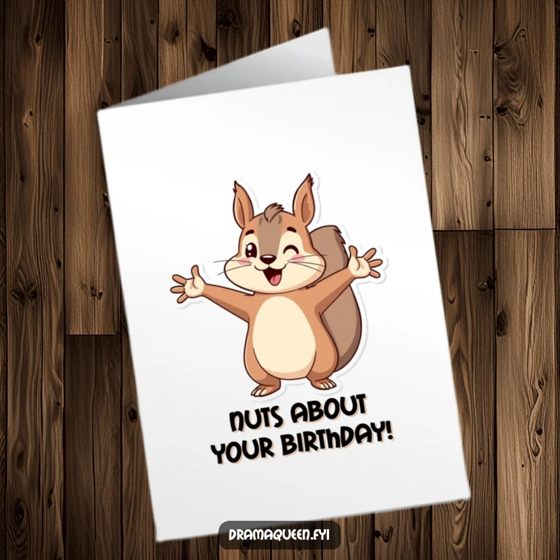 Funny Free Printable Birthday Card: Cheerful squirrel striking a dramatic pose with paw on hip, ready to celebrate.