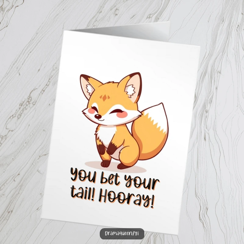 Funny Free Printable Congrats Card: Proud fox with swishing tail, celebrating success, perfect downloadable gift.