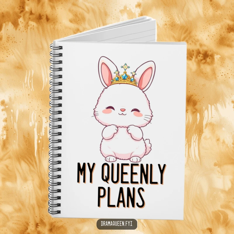 Funny notebook with a fluffy bunny wearing a sparkly tiara and striking a pose, perfect for journaling with humor.