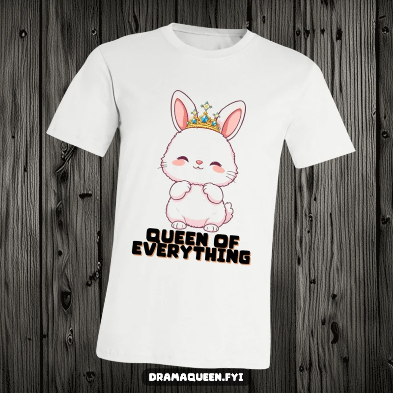 Funny t-shirt of a fluffy bunny wearing a sparkly tiara and striking a pose, radiating confidence and humorous diva energy.